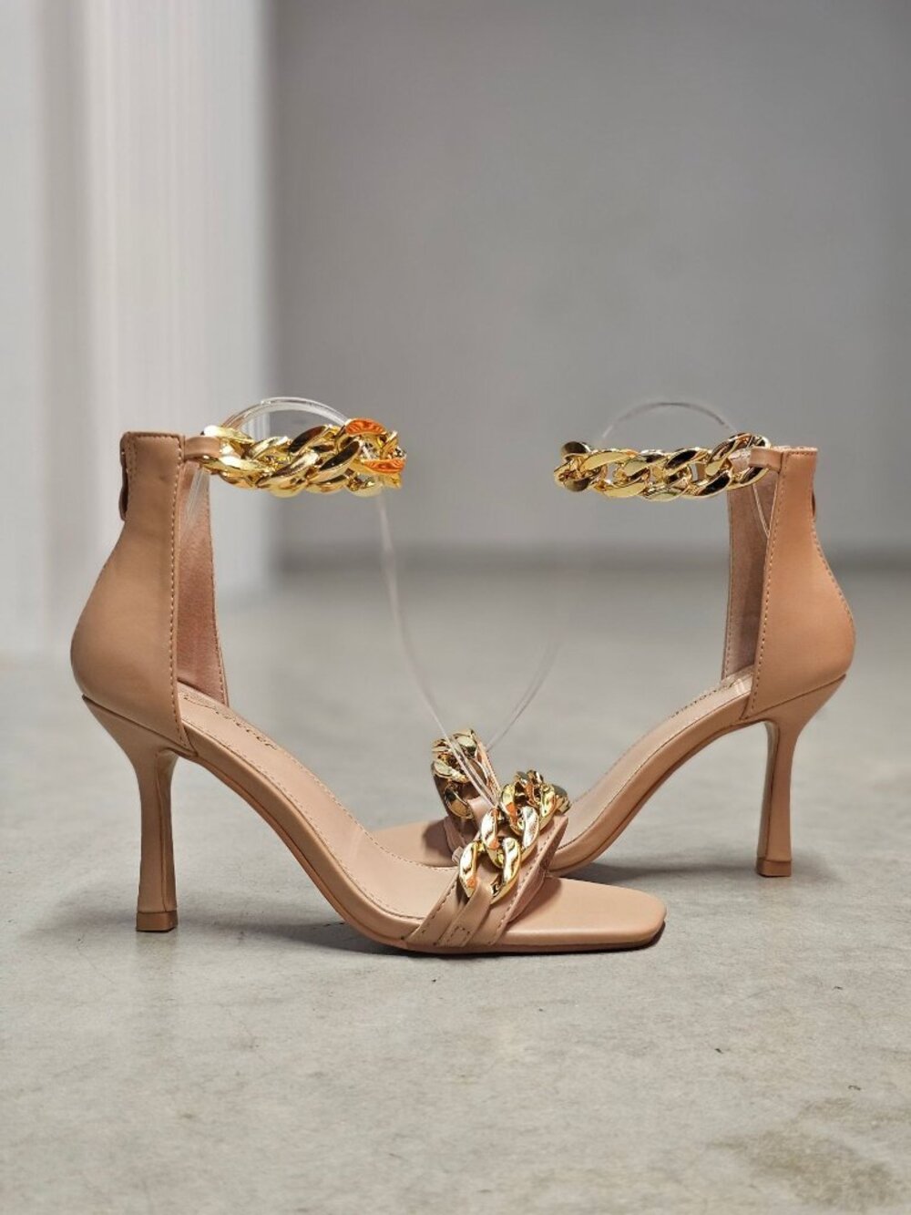 Gold Chain Embellished Nude Stiletto Heels With Ankle Strap - Sleek & Elegant Op - Picture 8 of 14